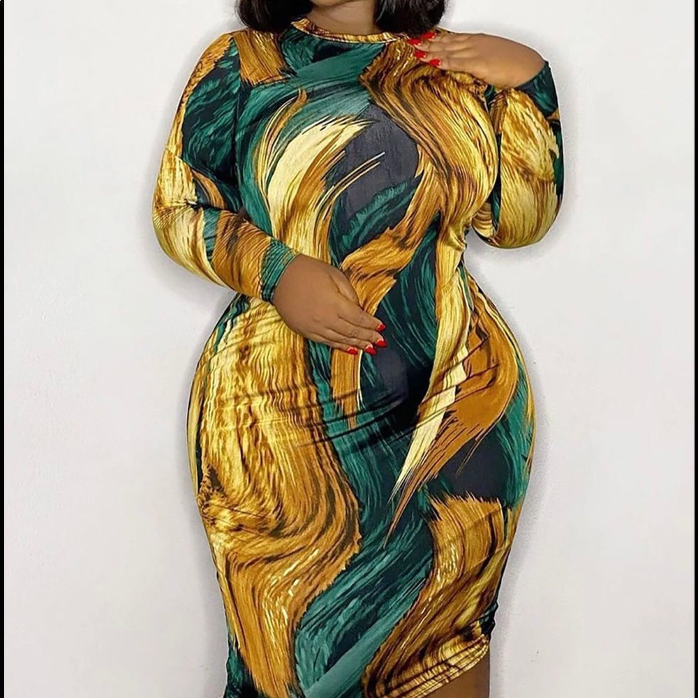 Fashion nova midi dress green and gold